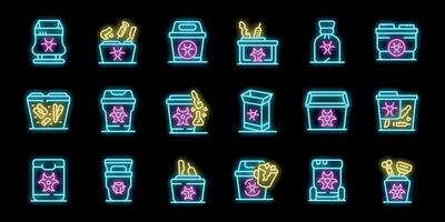 Neon medical waste icons representing proper disposal methods for hazardous materials vector