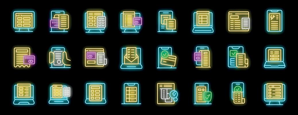 Neon icons illustrating digital document management concepts