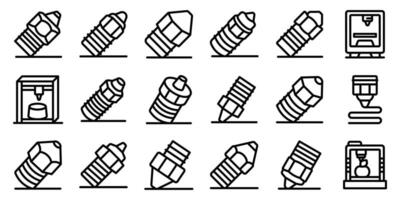 3d printer nozzle icons set. 3d printer extruder nozzles and 3d printers creating objects, line icon set vector