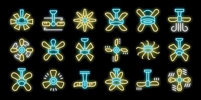 Ceiling fans with light bulbs rotating and blowing air in neon style vector