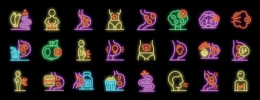 Bright neon icons representing various aspects of bloating, including causes, symptoms, and remedies vector