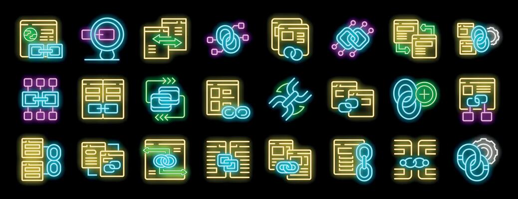 Cross linking neon icons representing interconnected web pages and digital resources