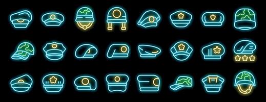 Neon military and police uniform hats icons representing different ranks and specializations vector