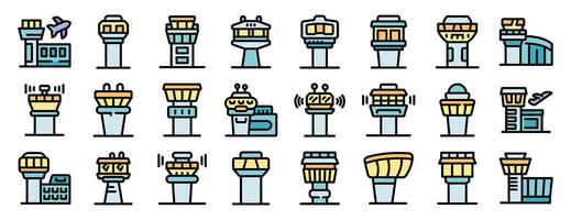 Airport control tower icons showing air traffic control and navigation services vector