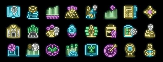 Neon icons representing business development, startup growth, education and career progress vector