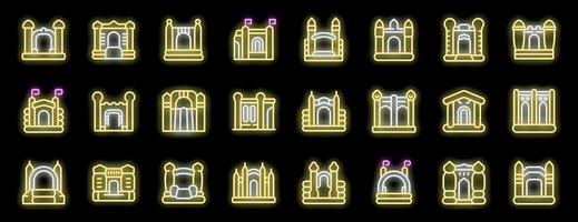Neon bouncy castles icons collection illuminating entertainment and playful joy vector