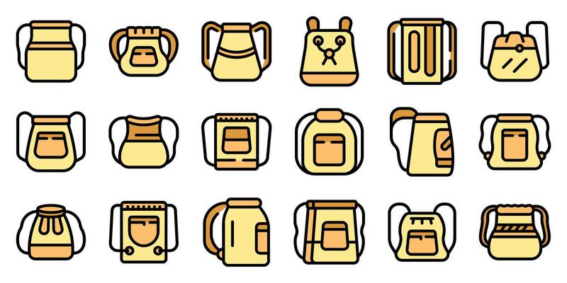 Collection of cute cartoon backpack icons in various styles