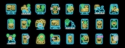 Delivery service icons showing shipping and tracking with neon colors vector