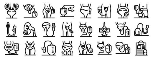 Urinary catheter icons set. Urology, urinary system diseases and treatment icons set featuring catheters, bladder, kidneys and urine vector