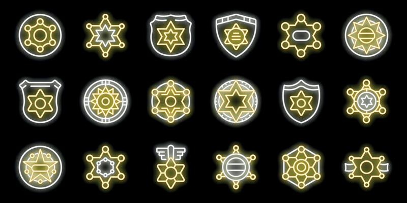 Sheriff star icons set, neon style glowing sheriff emblems collection