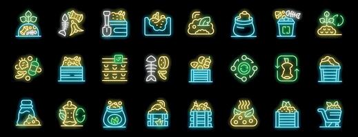Compost processing stages from food waste to fertilizer in glowing neon style vector