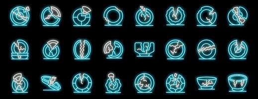 Broken dishes and plates icons set, showing dishes cracking and breaking in neon style vector
