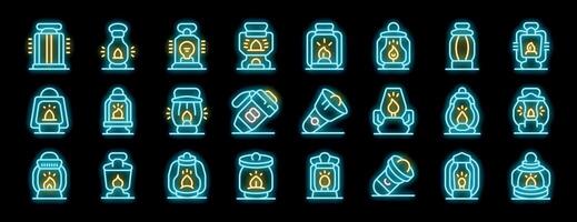 Kerosene lamps and flashlights are illuminating dark nights with neon icons vector