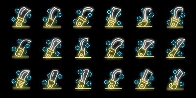 Neon glowing kukri knives and virus molecules creating a seamless pattern on black background vector