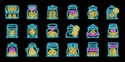 Cookies in jars with festive ribbons and gingerbread men icons collection in neon style vector