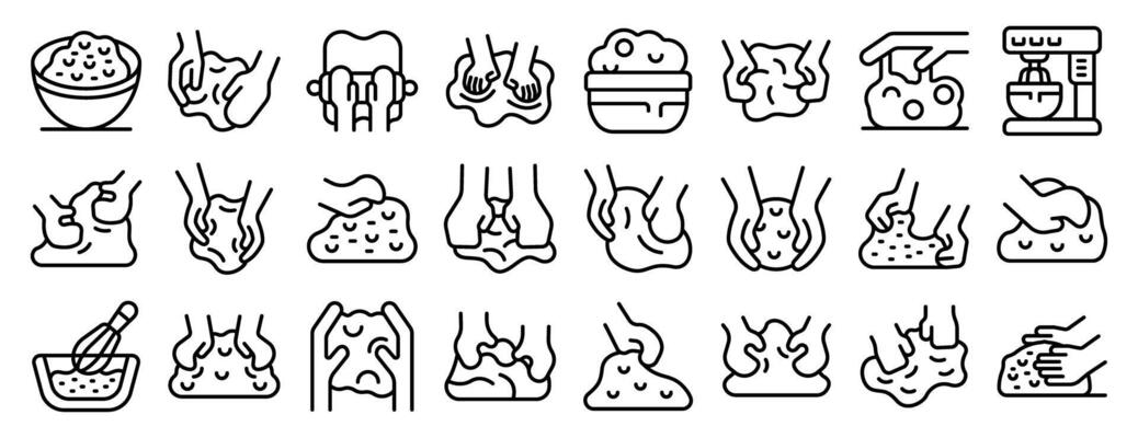 Kneading dough icons set. Bakers kneading dough, shaping bread, and using kitchen tools, mixing ingredients for delicious pastries