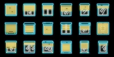 Neon icons of window blinds and shutters glowing on black background vector