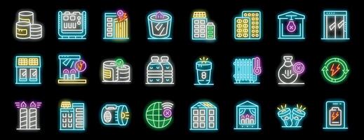 Neon icons representing energy conservation, efficiency, and resource management vector