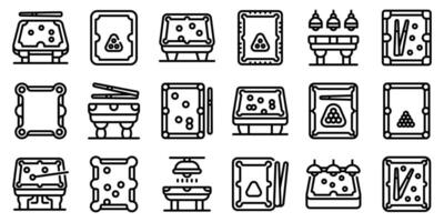 Billiard table icons set. Billiard tables with balls, cues and lighting representing various game scenarios vector