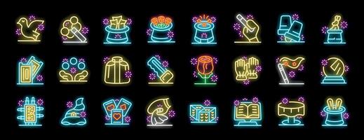 Bright neon icons representing various magic tricks and illusionist tools, creating a vibrant and captivating scene vector