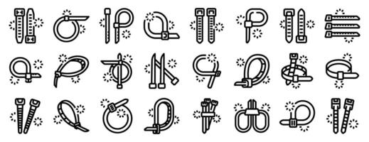 Cable ties icons set. Cable ties in different configurations, securing and fastening objects vector