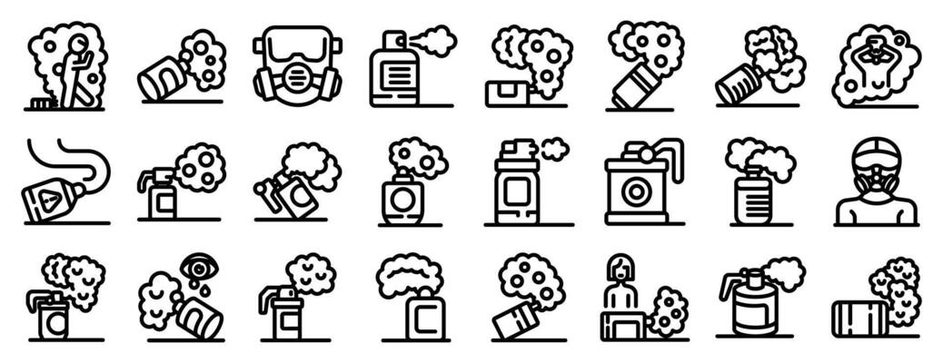 Tear gas icons set. Pepper spray icons set, protecting yourself with effective self defense tools
