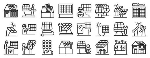 Solar panel service icons set. Engineers installing and maintaining solar panels for green energy systems vector