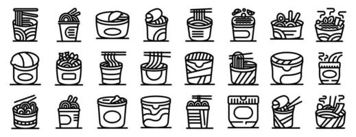Instant noodle cup icons set. Collection of noodle dishes featuring ramen, udon, and instant noodles in various containers vector