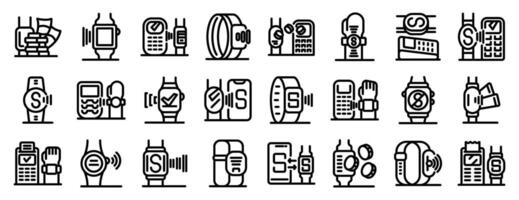 Smartwatch nfc payment icons set. Nfc technology connecting smart devices for seamless transactions and data transfer vector