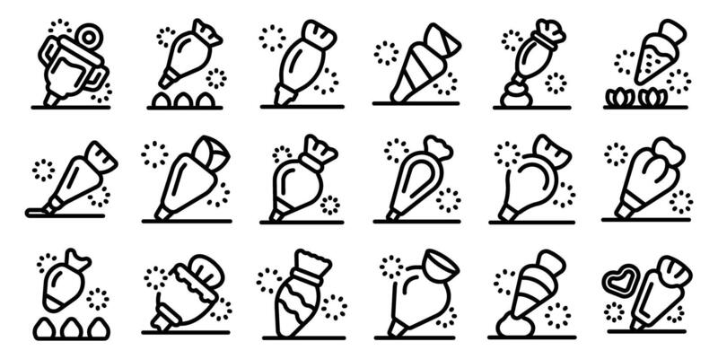 Pastry bag icons set. Pastry bag squeezing icing for cake decoration and cream piping