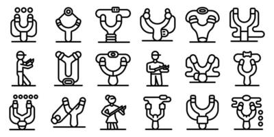 Slingshot icons set. People using slingshots for hunting and recreation, showing different types and styles of slingshots vector