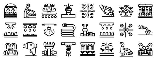 Watering crops icons set. Farmers cultivating and watering plants using various irrigation systems and tools vector