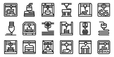3d printer extruder icons set. 3d printers printing various objects and shapes, line icon set vector