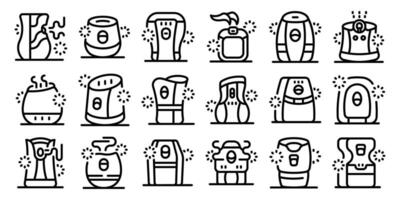 Automatic air freshener icons set. Air purifier cleaning removing dust and germs from room icons set outline style vector