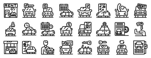 Rental car icons set. Car rental service offering various options for renting vehicles with checklists, calendars, and keys vector