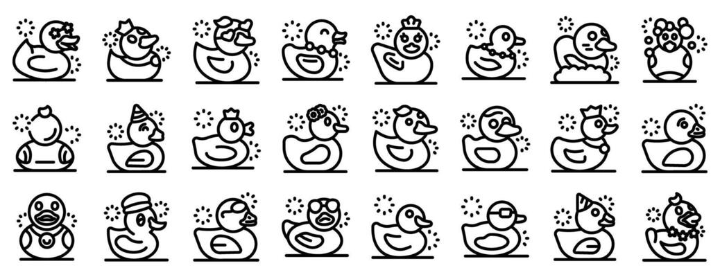 Rubber duck icons set. Rubber duck collection wearing fashionable accessories and enjoying festive celebrations