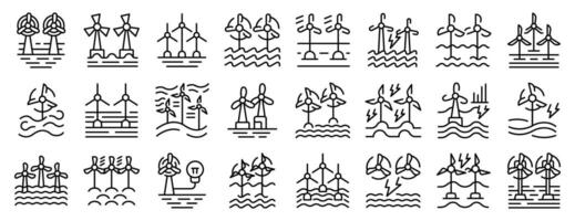 Wind farms ocean icons set. Offshore wind turbines generating green energy, a set of line icons vector