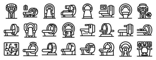 CT scanner icons set. Mri machine icons showing magnetic resonance imaging scanners in various positions for medical diagnosis vector