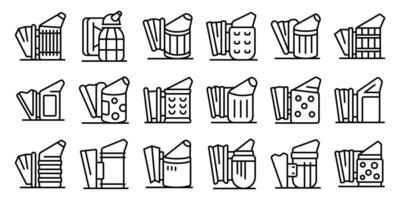 Bee hive smoker icons set. Bee smoker creating smoke to calm bees, essential tool for beekeepers working with beehives vector