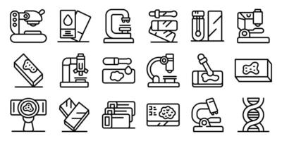Microscope slides icons set. Exploring laboratory equipment icons for scientific research vector