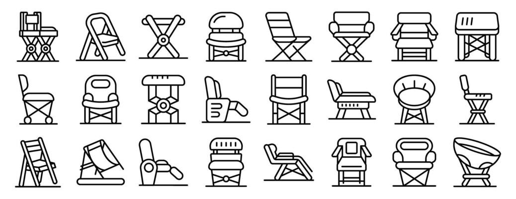 Portable chair icons set. Folding chairs for camping, fishing, and outdoor recreation, lightweight and portable seating options