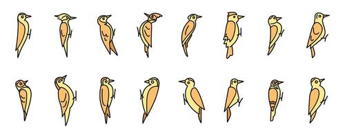 Woodpecker bird icon set, simple picidae climbing tree trunk vector