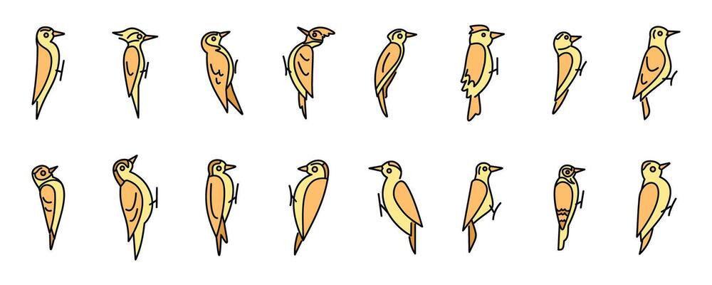 Woodpecker bird icon set, simple picidae climbing tree trunk