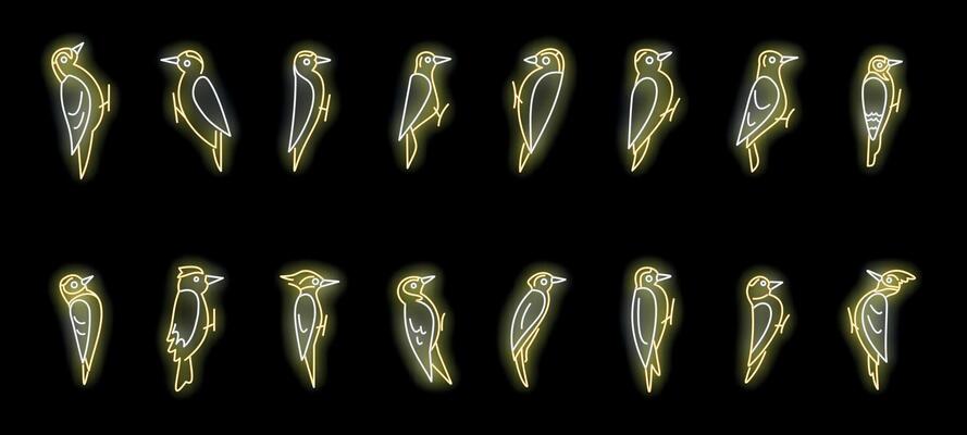 Neon woodpeckers pecking tree trunk icons set