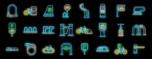 Bicycle parking neon icon set showing secure storage, public transport integration, and urban mobility solutions vector