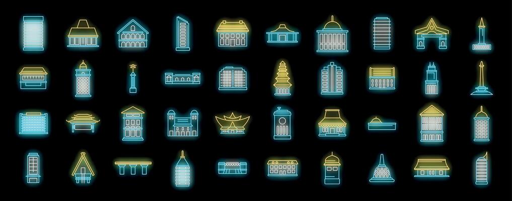 Jakarta skyline shining with neon lights representing iconic buildings and landmarks