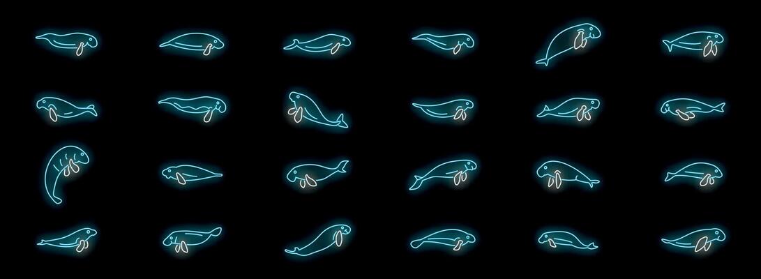 Glowing neon manatee and dugong illustrations in various poses