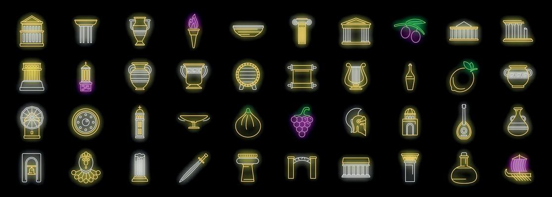 Glowing neon ancient greek culture icons representing history and mythology