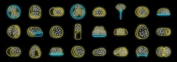 Neon icons of salami displaying various cuts, preparations, and presentations vector