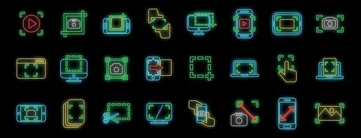 Neon icons representing cropping and resizing images and videos on various devices vector